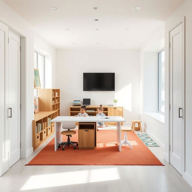 An open-concept hallway designed as a multifunctional space for two children, featuring white walls that create a bright and airy atmosphere