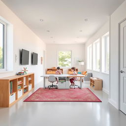 An open-concept hallway designed as a multifunctional space for two children, featuring white walls that create a bright and airy atmosphere