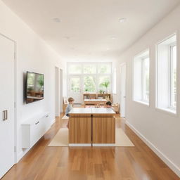 An open-concept hallway designed as a multifunctional space for two children, featuring white walls that create a bright and airy atmosphere