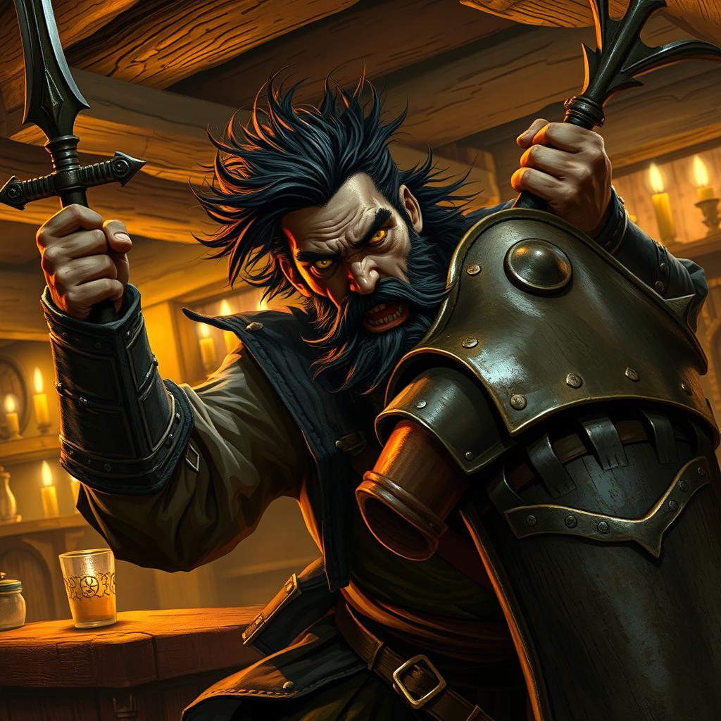 Inside a rustic tavern, an evil dark fantasy male pirate with short black hair, a short pointy beard, and vivid yellow eyes is fiercely attacking a medieval guard