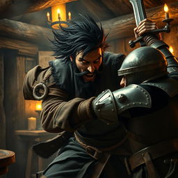 Inside a rustic tavern, an evil dark fantasy male pirate with short black hair, a short pointy beard, and vivid yellow eyes is fiercely attacking a medieval guard