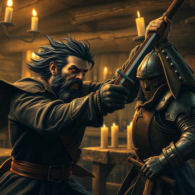 Inside a rustic tavern, an evil dark fantasy male pirate with short black hair, a short pointy beard, and vivid yellow eyes is fiercely attacking a medieval guard