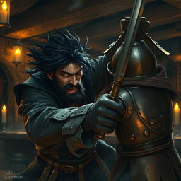 Inside a rustic tavern, an evil dark fantasy male pirate with short black hair, a short pointy beard, and vivid yellow eyes is fiercely attacking a medieval guard