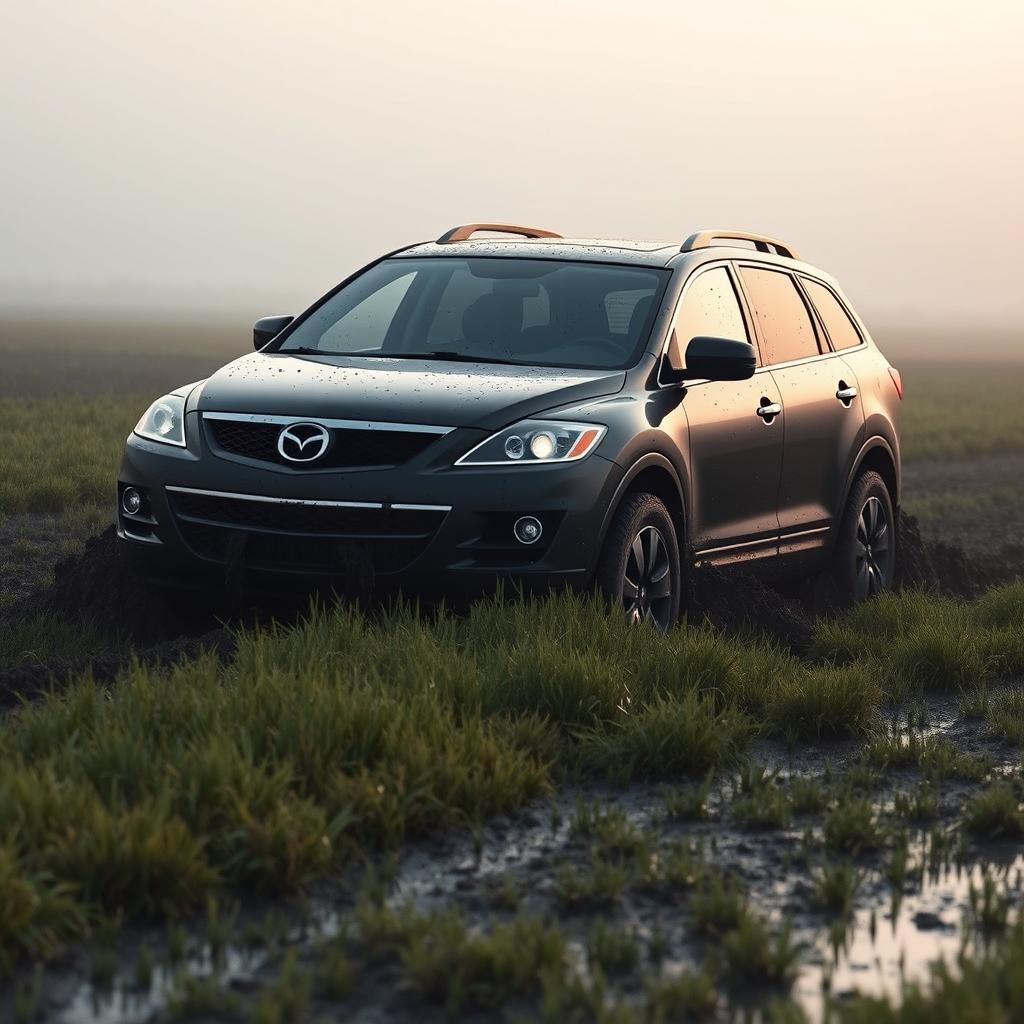 A hyper-realistic scene of a black 2009 Mazda CX-9 driving across a wet, muddy grass field on a foggy morning