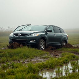 A hyper-realistic scene of a black 2009 Mazda CX-9 driving across a wet, muddy grass field on a foggy morning