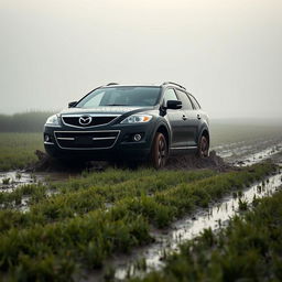 A hyper-realistic scene of a black 2009 Mazda CX-9 driving across a wet, muddy grass field on a foggy morning