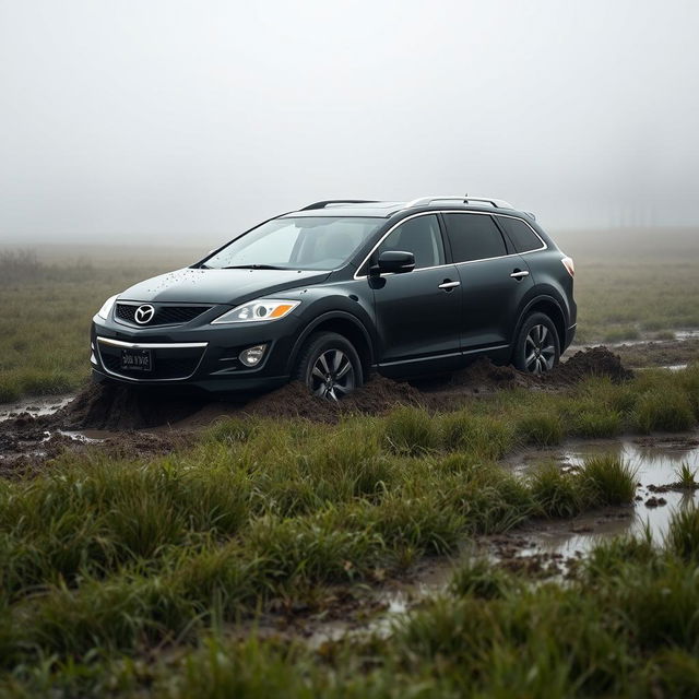 A hyper-realistic scene of a black 2009 Mazda CX-9 driving across a wet, muddy grass field on a foggy morning