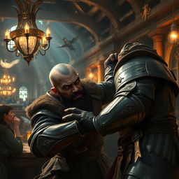 Inside the bustling ambiance of a medieval tavern, an evil dark fantasy male pirate with short black hair, a short pointy beard, and intense yellow eyes is seen attacking a medieval guard