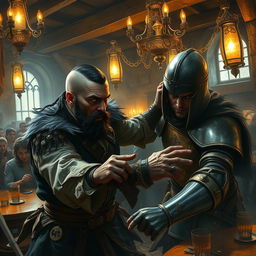 Inside the bustling ambiance of a medieval tavern, an evil dark fantasy male pirate with short black hair, a short pointy beard, and intense yellow eyes is seen attacking a medieval guard