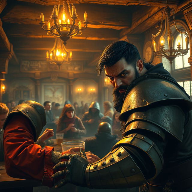 Inside the bustling ambiance of a medieval tavern, an evil dark fantasy male pirate with short black hair, a short pointy beard, and intense yellow eyes is seen attacking a medieval guard