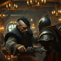 Inside the bustling ambiance of a medieval tavern, an evil dark fantasy male pirate with short black hair, a short pointy beard, and intense yellow eyes is seen attacking a medieval guard