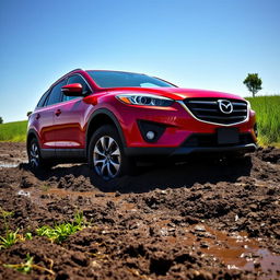 A vivid scene of a 2014 red Mazda CX-9 mired in thick, dark mud