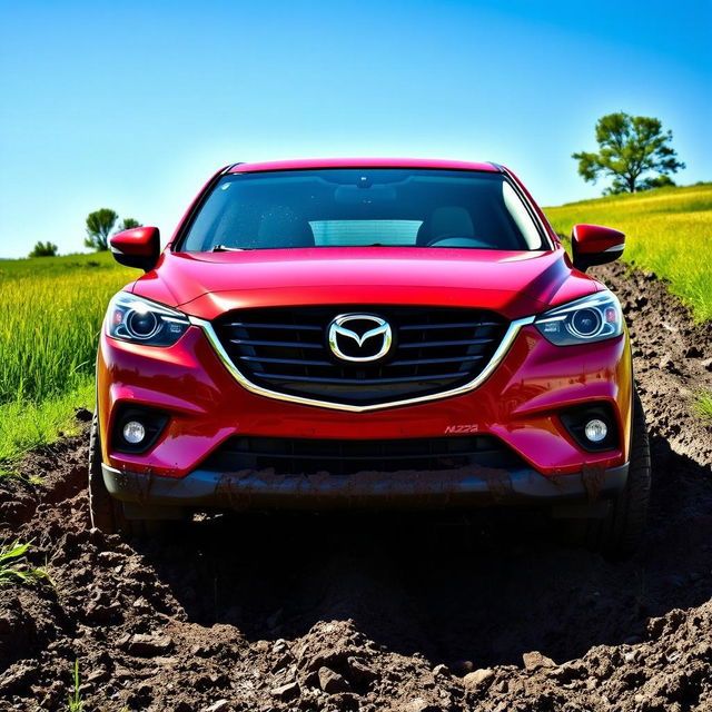 A vivid scene of a 2014 red Mazda CX-9 mired in thick, dark mud