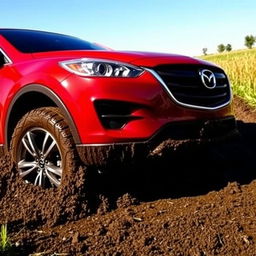 A vivid scene of a 2014 red Mazda CX-9 mired in thick, dark mud