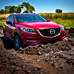 A vivid scene of a 2014 red Mazda CX-9 mired in thick, dark mud