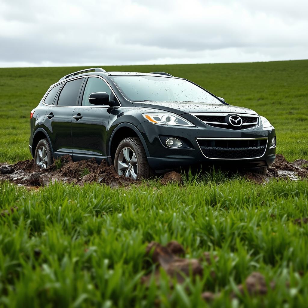 A realistic depiction of a 2009 black Mazda CX-9 trapped in soft, muddy grass