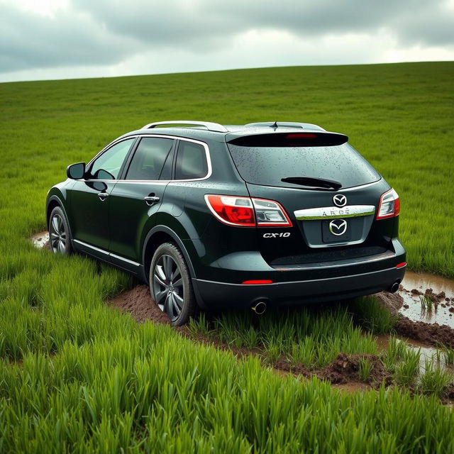 A realistic depiction of a 2009 black Mazda CX-9 trapped in soft, muddy grass