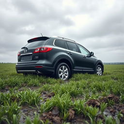 A realistic depiction of a 2009 black Mazda CX-9 trapped in soft, muddy grass