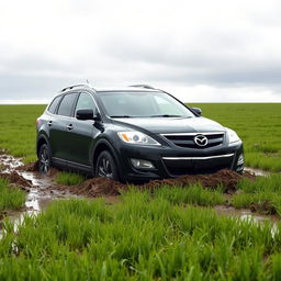 A realistic depiction of a 2009 black Mazda CX-9 trapped in soft, muddy grass