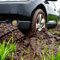 A realistic depiction of a black 2009 Mazda CX-9 ensnared in soft, muddy grass in the center of a wet grass field