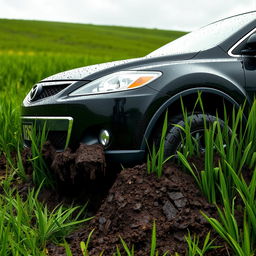 A realistic depiction of a black 2009 Mazda CX-9 ensnared in soft, muddy grass in the center of a wet grass field