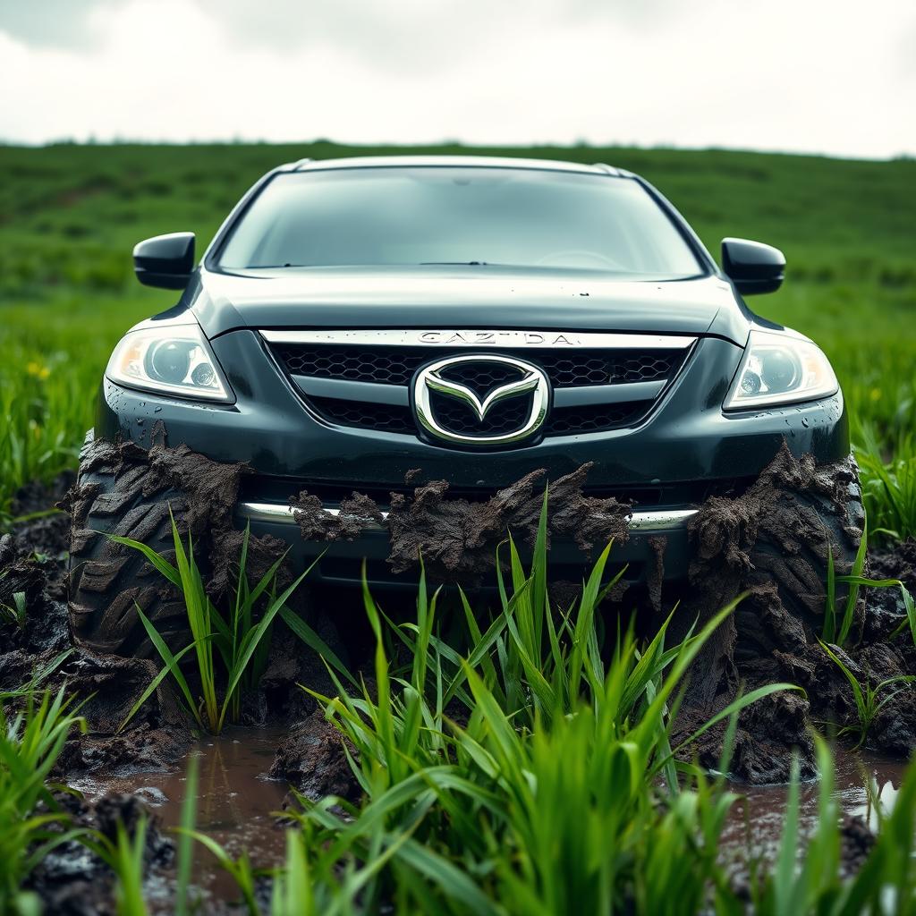 A realistic depiction of a black 2009 Mazda CX-9 ensnared in soft, muddy grass in the center of a wet grass field