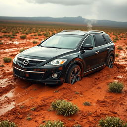 A hyper-realistic image of a black 2009 Mazda CX-9 trapped in soft, muddy grass, situated in the vast expanse of the Australian outback after a rainstorm