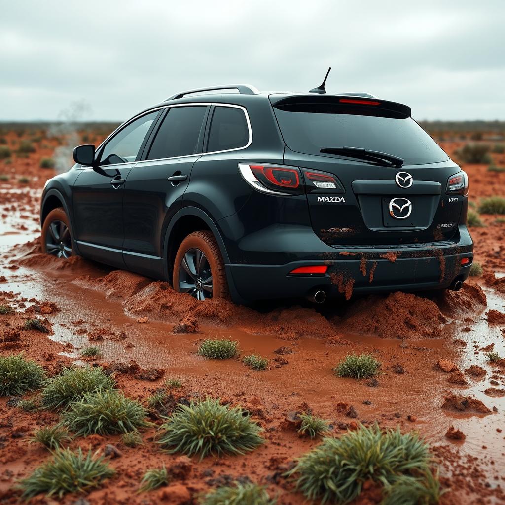 A hyper-realistic image of a black 2009 Mazda CX-9 trapped in soft, muddy grass, situated in the vast expanse of the Australian outback after a rainstorm