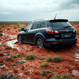 A hyper-realistic image of a black 2009 Mazda CX-9 trapped in soft, muddy grass, situated in the vast expanse of the Australian outback after a rainstorm