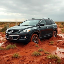 A hyper-realistic image of a black 2009 Mazda CX-9 trapped in soft, muddy grass, situated in the vast expanse of the Australian outback after a rainstorm