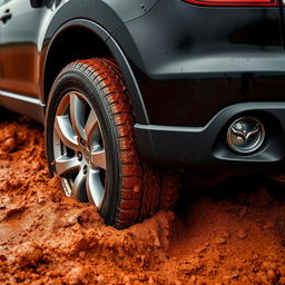 A hyper-realistic image showcasing a black 2009 Mazda CX-9 with gleaming silver rims, caught in deep, soft muddy grass amidst the sprawling Australian outback after a rainstorm