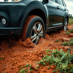 A hyper-realistic image showcasing a black 2009 Mazda CX-9 with gleaming silver rims, caught in deep, soft muddy grass amidst the sprawling Australian outback after a rainstorm