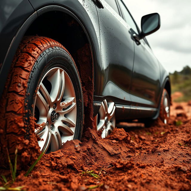 A hyper-realistic image showcasing a black 2009 Mazda CX-9 with gleaming silver rims, caught in deep, soft muddy grass amidst the sprawling Australian outback after a rainstorm