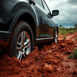 A hyper-realistic image showcasing a black 2009 Mazda CX-9 with gleaming silver rims, caught in deep, soft muddy grass amidst the sprawling Australian outback after a rainstorm