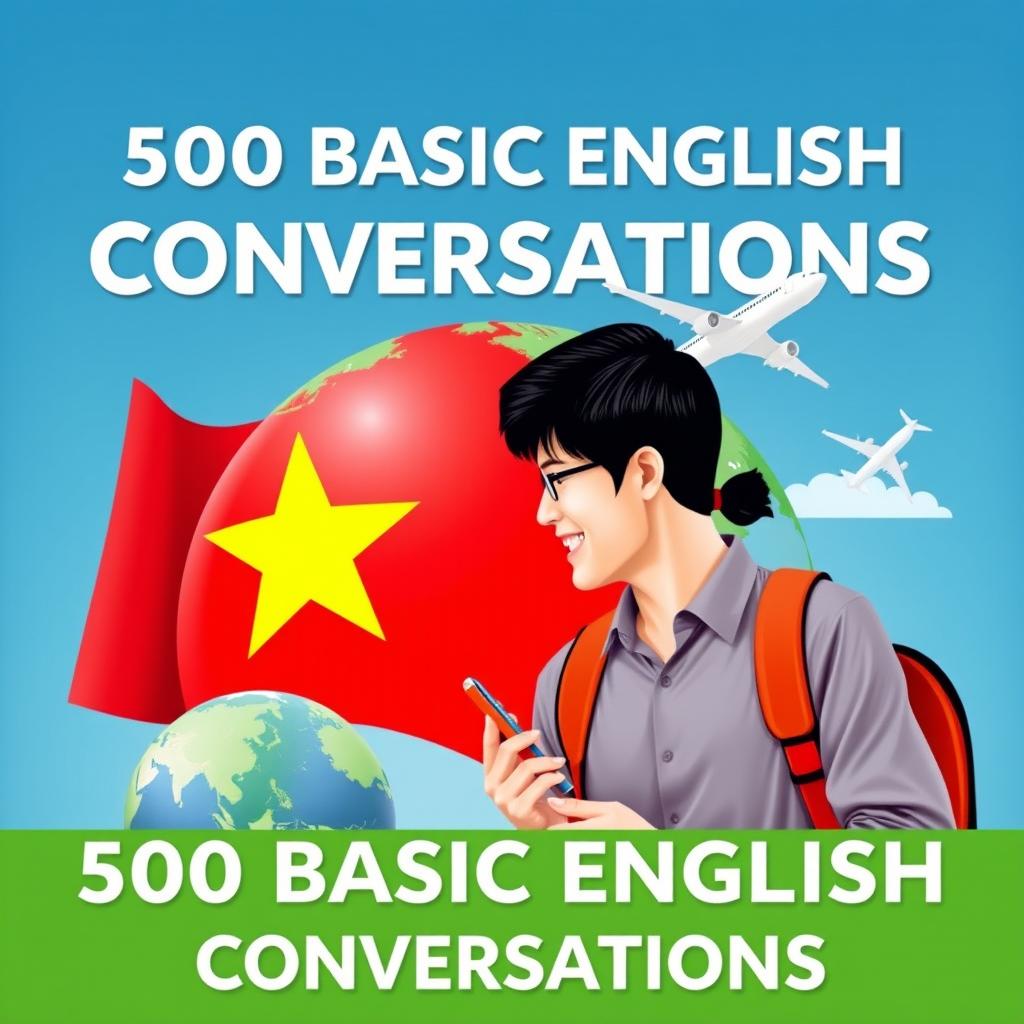 A man and a woman engaged in a lively conversation, surrounded by a globe and an airplane symbolizing travel and communication