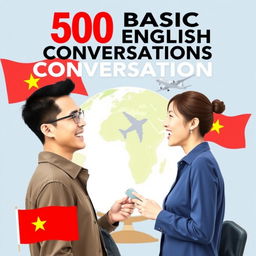 A man and a woman engaged in a lively conversation, surrounded by a globe and an airplane symbolizing travel and communication