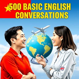 A man and a woman engaged in a lively conversation, surrounded by a globe and an airplane symbolizing travel and communication