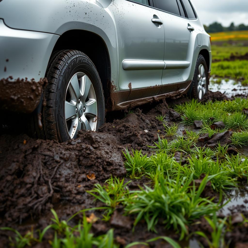 A realistic depiction of a silver 2008 Toyota Highlander bogged down in a muddy grass field