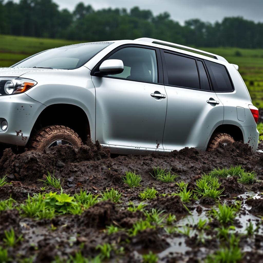 A realistic depiction of a silver 2008 Toyota Highlander bogged down in a muddy grass field