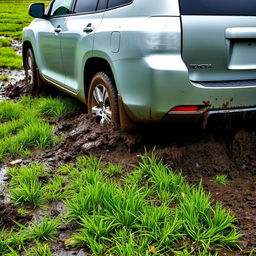 A realistic depiction of a silver 2008 Toyota Highlander bogged down in a muddy grass field