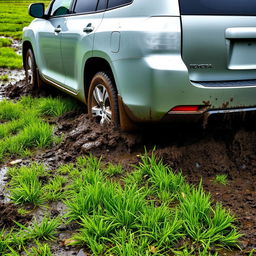 A realistic depiction of a silver 2008 Toyota Highlander bogged down in a muddy grass field