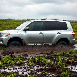 A realistic depiction of a silver 2008 Toyota Highlander bogged down in a muddy grass field