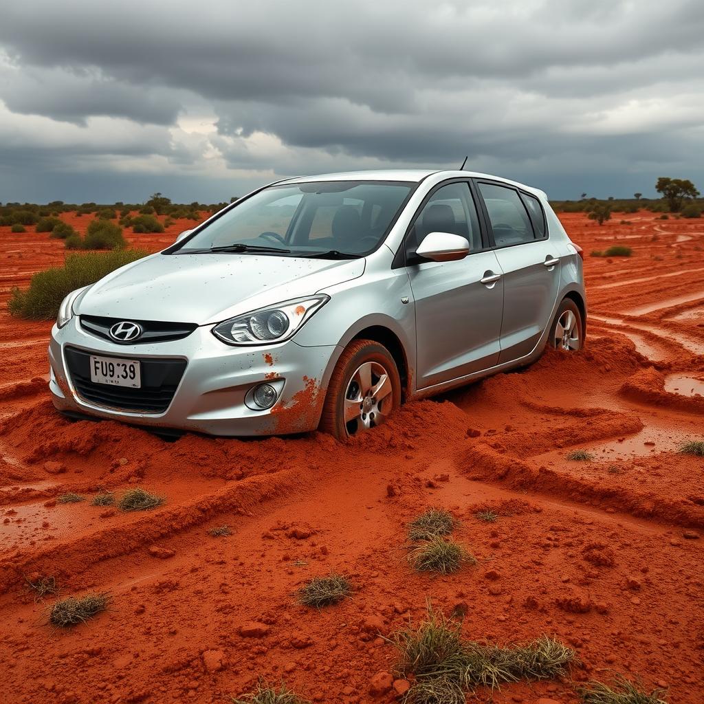 A hyper-realistic image of a silver 2009 Hyundai i30 stuck in soft, muddy grass in the heart of the Australian outback after a rainstorm