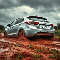 A hyper-realistic image of a silver 2009 Hyundai i30 stuck in soft, muddy grass in the heart of the Australian outback after a rainstorm