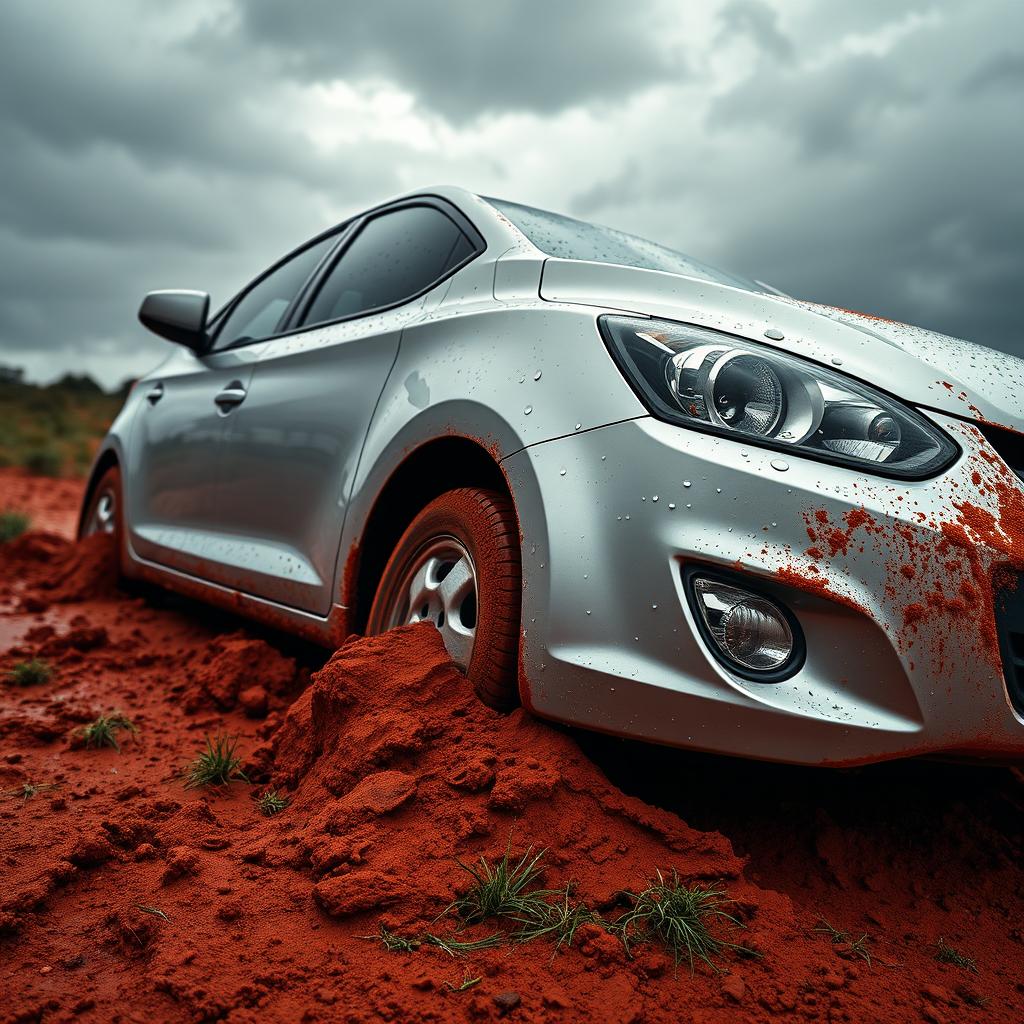 A hyper-realistic image of a silver 2009 Hyundai i30 stuck in soft, muddy grass in the heart of the Australian outback after a rainstorm