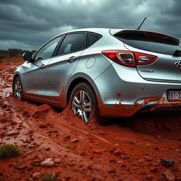 A hyper-realistic image of a silver 2009 Hyundai i30 stuck in soft, muddy grass in the heart of the Australian outback after a rainstorm