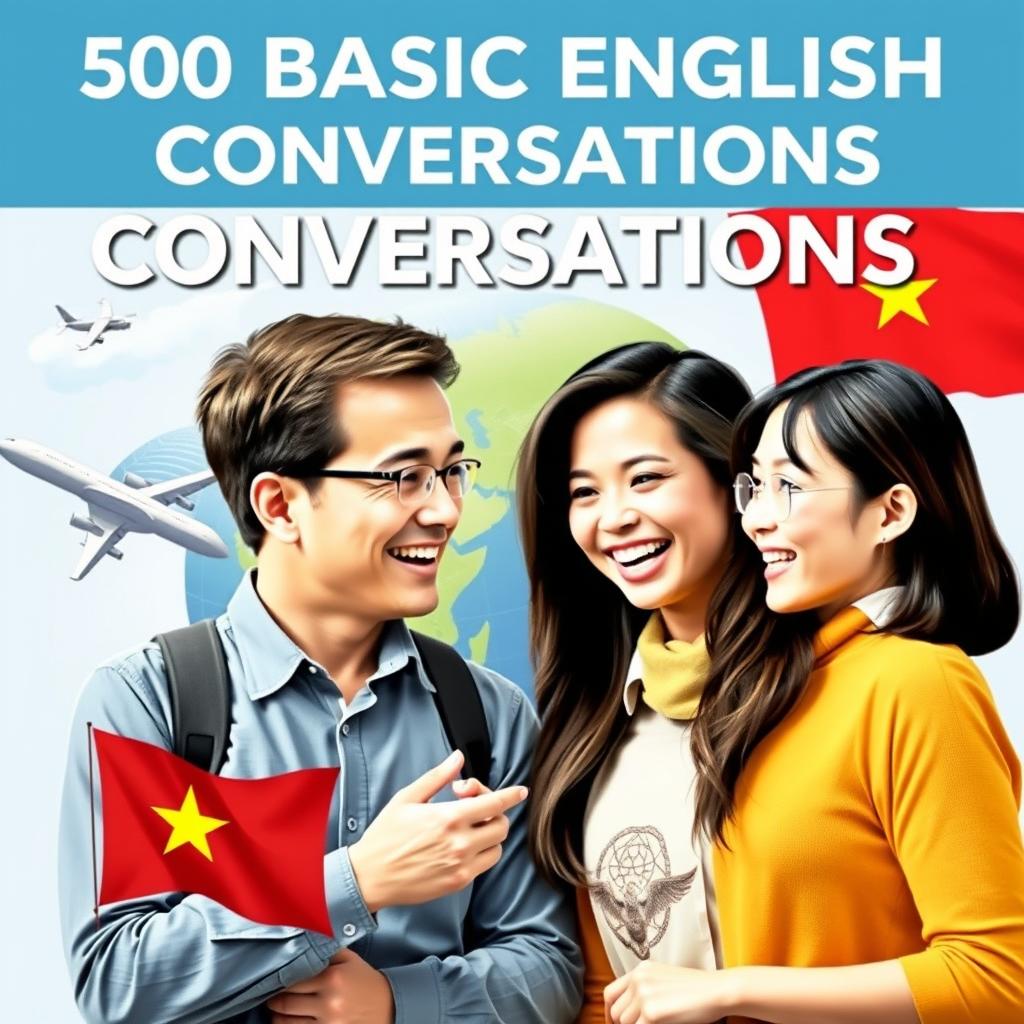 A man and a woman with Western facial features engaged in a lively conversation, surrounded by a globe and an airplane symbolizing travel and communication