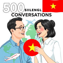 A man and a woman with Western facial features engaged in a lively conversation, surrounded by a globe and an airplane symbolizing travel and communication