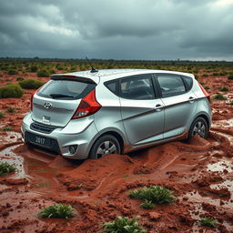 A hyper-realistic image of a silver 2011 Hyundai Accent hatchback trapped in soft, muddy grass in the heart of the Australian outback following a rainstorm