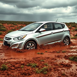 A hyper-realistic image of a silver 2011 Hyundai Accent hatchback trapped in soft, muddy grass in the heart of the Australian outback following a rainstorm